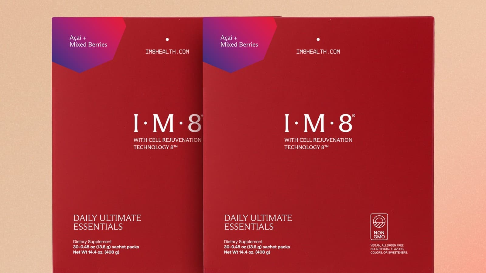 IM8 Daily Ultimate Essentials and Daily Ultimate Longevity supplement powder boxes side by side