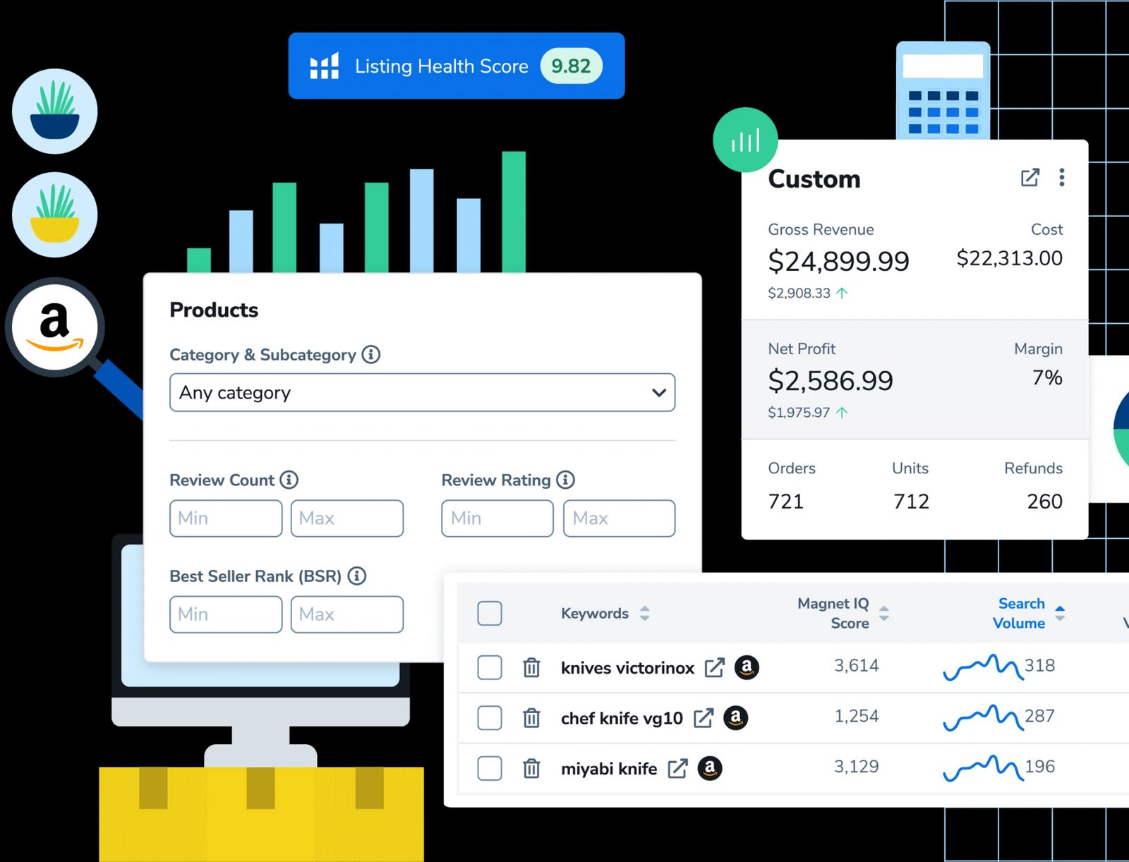 Helium 10 seller dashboard with product filters, profit card and keyword table